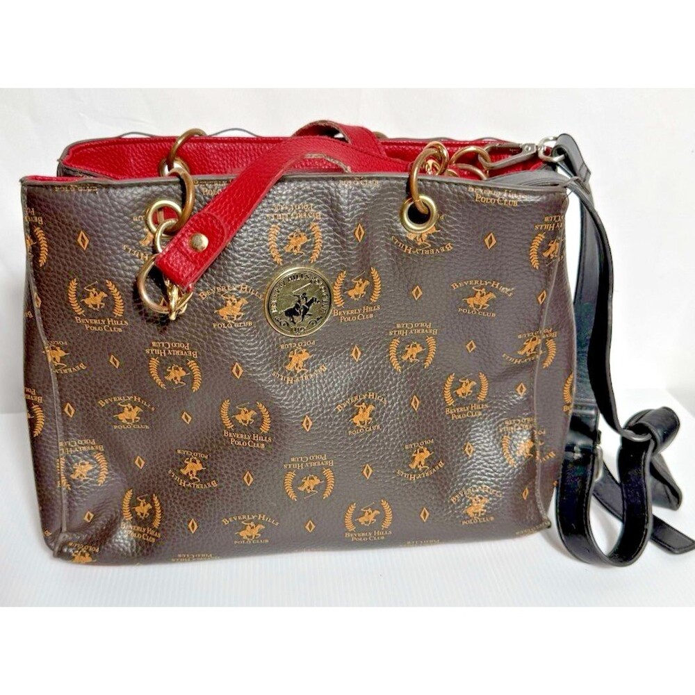 Beverly Hills Polo Club Purse Red Brown Metal Leather Shoulder Strap